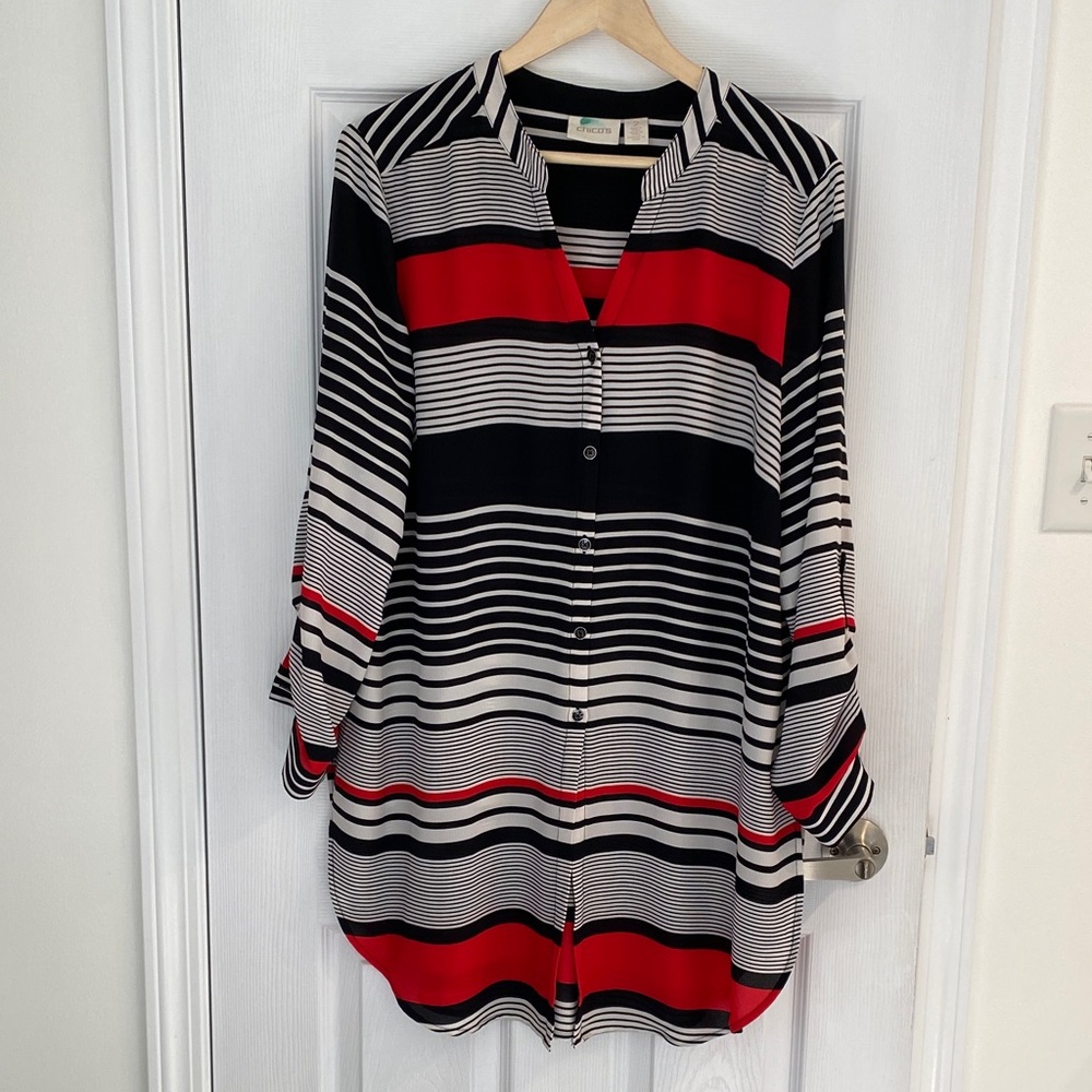 Chico’s Black and Red Striped Button Down long Shirt w 3/4 sleeve